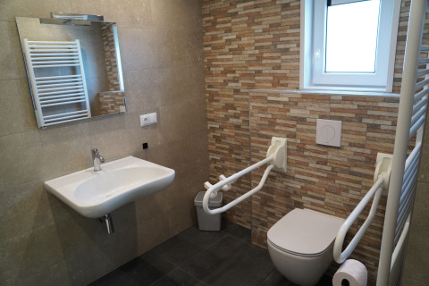 Baño accesible con barras de apoyo, lavabo, inodoro y ventana en Holiday Park De Rimboe, Países Bajos.