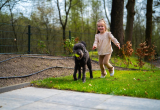 Un enfant joue dehors avec un chien noir tenant une balle au Holiday Park De Rimboe & De Woeste Hoogte 25 aux Pays-Bas.