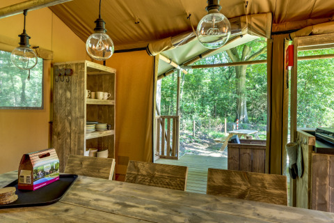 Interior of the Country Estate Gerner 8 safari tent in the Netherlands with wood decor and forest view.