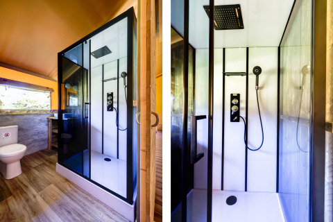 Modern bathroom and shower inside a safari tent at Country Estate “Gerner 8” in the Netherlands.