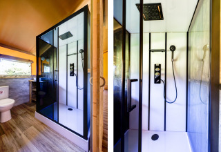 Bagno moderno e doccia in una tenda safari presso Country Estate «Gerner 8» nei Paesi Bassi.