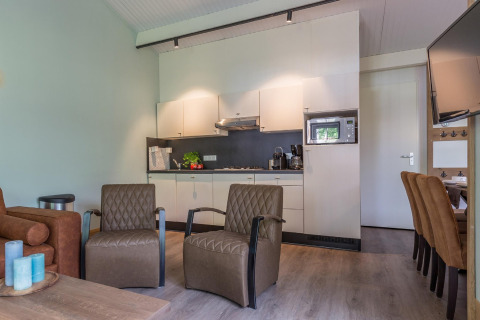 Moderne woonkamer en keuken in Residence De Eese 3 lodge in Nederland met comfortabele zitplaatsen.