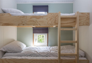 Houten stapelbedden met ladder en ramen in een lichte kamer van Residence De Eese 3, Nederland.