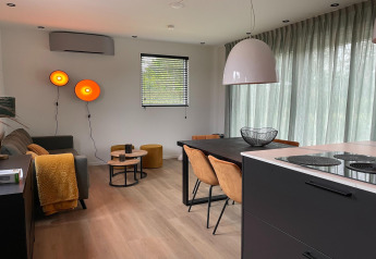 Sala y comedor modernos en una cabaña del Recreation Park Idskenhuizen 11, Países Bajos, con decoración elegante.