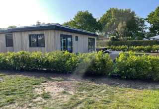 Modernes Holzhaus im Recreation Park Idskenhuizen 11 in den Niederlanden mit gepflegtem Garten und Hecke.