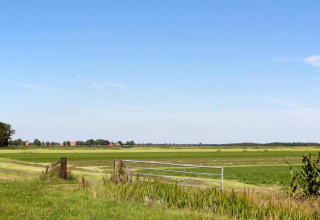 Fladt landskab med grønne marker og en metalport ved Recreation Park Idskenhuizen 11 i Nederlandene.