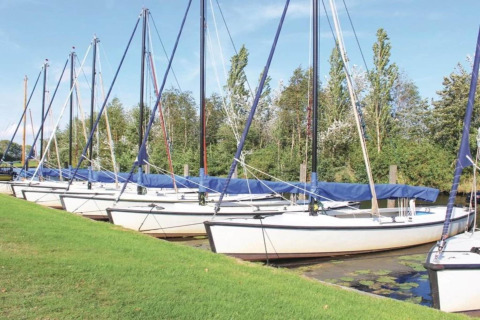 Fila di barche a vela ormeggiate su una riva erbosa a Recreation Park Idskenhuizen 11, Paesi Bassi.
