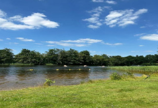 Sonniger Tag am See im Erholungspark Idskenhuizen 11, Niederlande, mit blauem Himmel und grünen Bäumen.