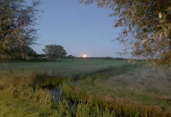 Aftenudsigt fra Chalet «Imke» i Holland, med en orange måne, grønne marker og træer under den blå himmel.