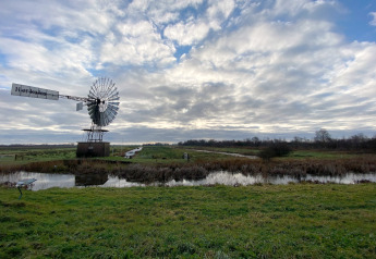Vindmølle ved en dam under dramatiske skyer nær Chalet «Imke» i Holland, omgivet af grønt landskab.