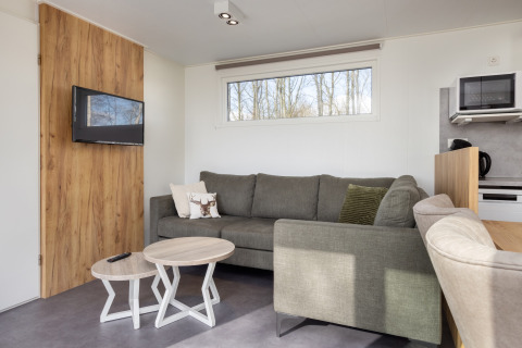 Stue i lodge Hunzepark 13 i Holland, med grå sofa, moderne borde og vindue med udsigt til træer.