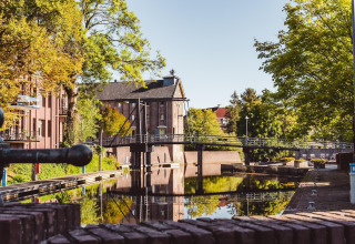 Udsigt over kanal og bro omgivet af grønne træer nær glamping-ophold i morgensolen.