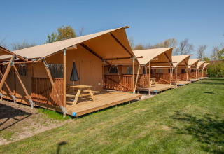 Safari-Zelte mit Holzterrassen im Ferienpark «Hunzedal 17» in den Niederlanden, sonniges Wetter.