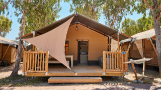 Safari Outback-tent met houten terras, bank en hangmat, omgeven door bomen en blauwe lucht.