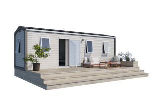 Next L Titania lodge met terrasmeubilair op Trasimeno Glamping Resort in Italië, moderne uitstraling bij daglicht.