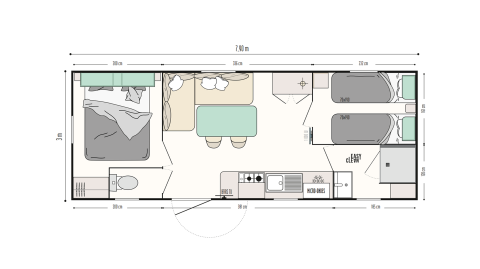 Plattegrond van de 'Next L' Titania lodge in Trasimeno Glamping Resort met indeling en afmetingen.