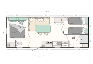 Plattegrond van de 'Next L' Titania lodge in Trasimeno Glamping Resort met indeling en afmetingen.