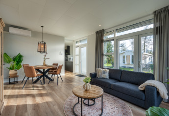Moderne woonkamer in de Forest lodge bij Holiday center 't Schuttenbelt in Nederland, met grote ramen.