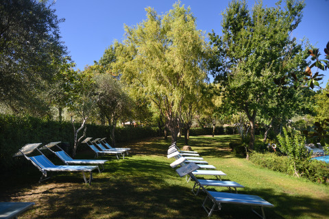 Transats sur pelouse à l’ombre d’arbres au Centro Vacanze San Marino, parc de vacances à Saint-Marin.