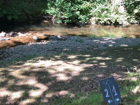 Riva ombreggiata al campeggio Moulin de Chaules in Alvernia-Rodano-Alpi, con cartello piazzola 21.