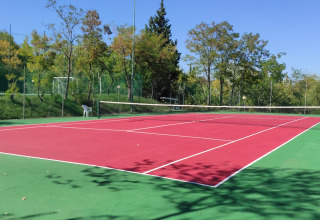 Buiten tennisplein in vakantiepark Centro Vacanze San Marino, omgeven door bomen en natuur in de zon.