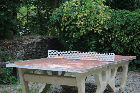 Tavolo da ping pong all'aperto al campeggio Moulin de Chaules, circondato dal verde in Francia.