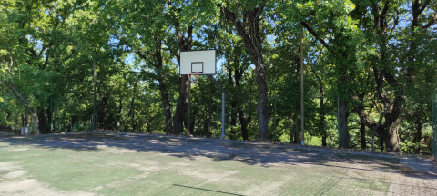 Buitenbasketbalveld omringd door bomen aan het Centro Vacanze San Marino, San Marino, op een zonnige dag.
