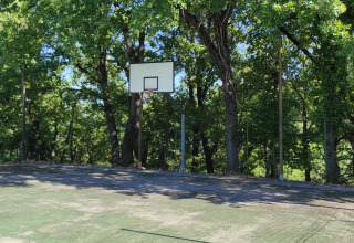 Udendørs basketballbane omgivet af træer ved Centro Vacanze San Marino, San Marino, på en solskinsdag.