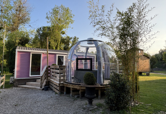 Buitenjacuzzi in een glazen bol bij een paarse bungalow van Bungalow La Folle Entreprise, omgeven door groen.
