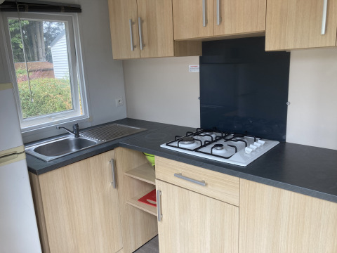 Modern kitchenette in Mobile home Grand Confort at Flower Camping de la Trye with a gas hob and sink.