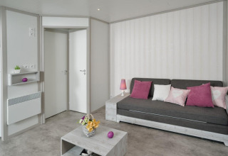 Sala luminosa en chalet de madera en el Camping Moulin de Chaules, Francia, con sofá gris y cojines rosados.