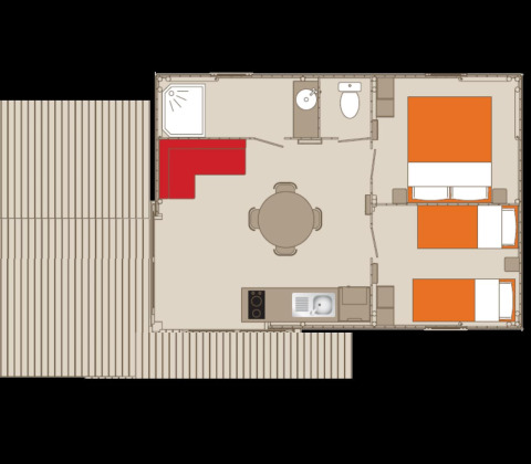 Plattegrond van Lodge «Bali» op Camping Moulin de Chaules, Frankrijk, met twee slaapkamers en terras.