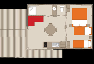 Floor plan of Lodge «Bali» at Campsite Moulin de Chaules, France, with two bedrooms, kitchen, and terrace.
