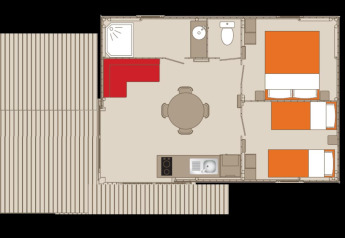 Grundriss der Lodge «Bali» auf dem Campingplatz Moulin de Chaules mit zwei Schlafzimmern und Terrasse.