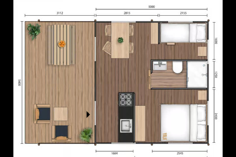 Plantegning af Safari Tent «Diva» på Centro Vacanze San Marino med to soveværelser, bad og terrasse.