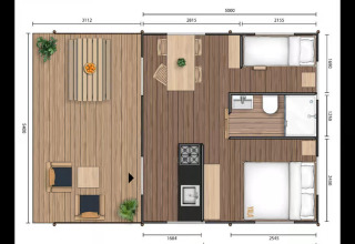 Plantegning af Safari Tent «Diva» på Centro Vacanze San Marino med to soveværelser, bad og terrasse.