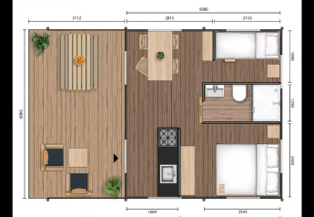 Grondplan van de Safari Tent ‘Diva’ in Centro Vacanze San Marino met twee kamers, badkamer en terras.