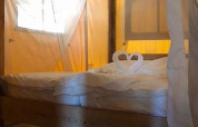 Alojamiento glamping de lujo con cama con dosel y mosquitera en Centro Vacanze San Marino Safaritenten.