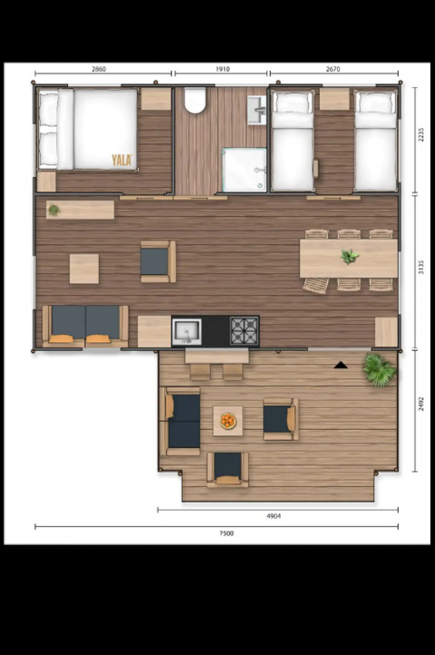 Plan du lodge de luxe « Diva » au Centro Vacanze San Marino, avec deux chambres, salle de bain et terrasse.