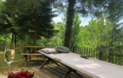 Relaxing view from a safari tent deck with sunbed, pillows, picnic table, strawberries and sparkling wine.