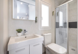 Lichte, moderne badkamer in een chalet met wastafel, toilet, spiegel, raam en glazen douchecabine met zwarte strook.