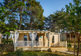 Lodge Marine Home au Valamar Camping Padova en Croatie, terrasse en bois, transats et arbres tout autour.