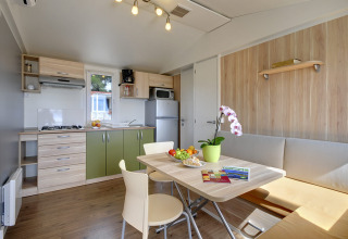 Moderne keuken en eetruimte in Krk Home lodge met groene kasten, eettafel en een orchideeplant.