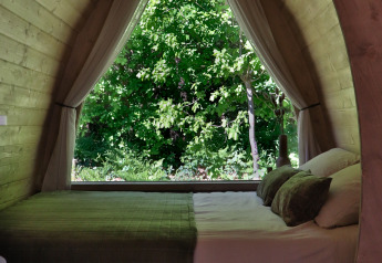 Dormitorio de cabaña de madera con gran ventana y vista verde, Cabin at Thuysgrond, Países Bajos.