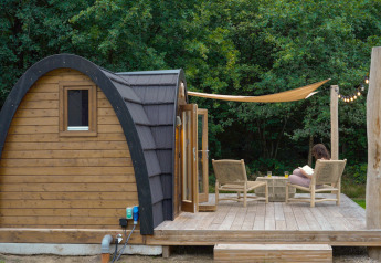 Accogliente cabina al Thuysgrond nei Paesi Bassi con terrazza in legno, sedie e vista sulla foresta.