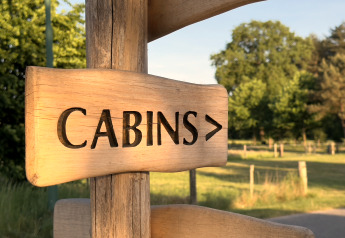 Holzschild mit eingraviertem 'CABINS'-Text zeigt den Weg zu den Hütten bei Thuysgrond, Niederlande.