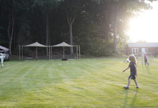 Des enfants jouent sur une pelouse devant des tentes de glamping, une forêt et la lumière du coucher du soleil.