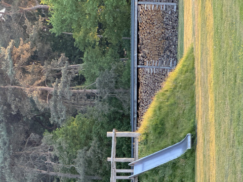 Metalen glijbaan op het gras naast houtstapels aan een bos bij een glampingaccommodatie.