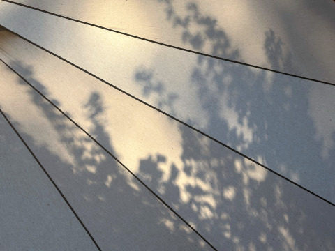 Sombras de hojas sobre la lona beige de una tienda tipi con líneas oscuras, foto tomada en una Bell tent.