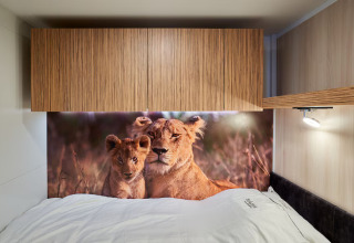 Bedroom in SunLodge Mobile Home Katsura with lioness and cub photomural at Campsite Pra'delle Torri, Italy.